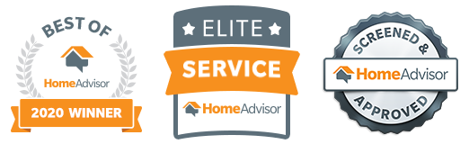 HomeAdvisor 2020 winner, Elite Service, and Screened and Approved logos